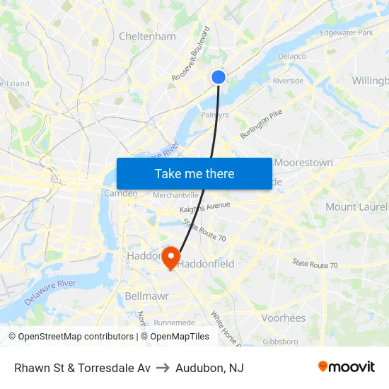 Rhawn St & Torresdale Av to Audubon, NJ map
