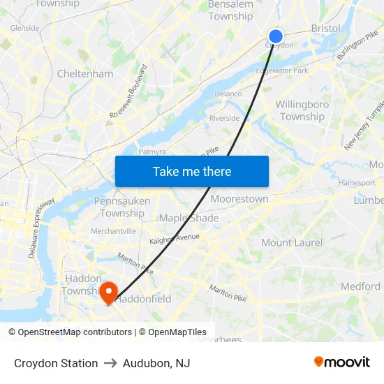 Croydon Station to Audubon, NJ map