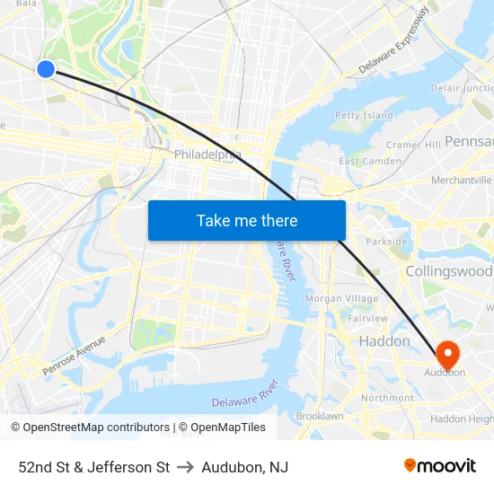 52nd St & Jefferson St to Audubon, NJ map