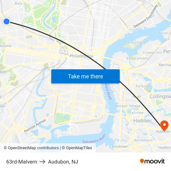 63rd-Malvern to Audubon, NJ map
