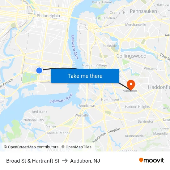 Broad St & Hartranft St to Audubon, NJ map