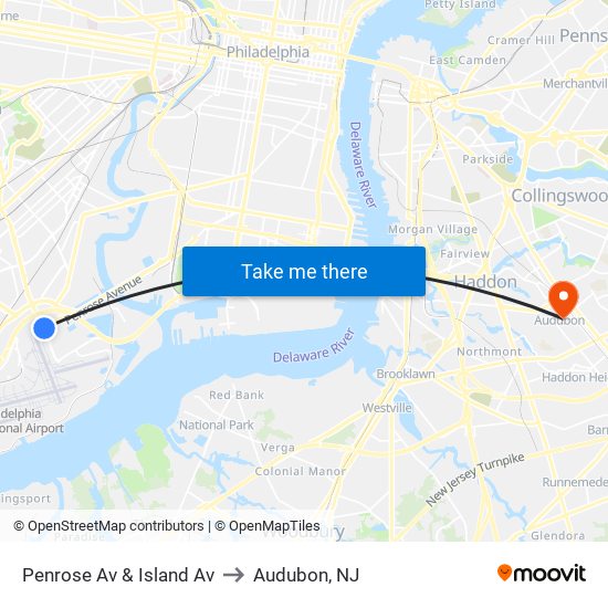 Penrose Av & Island Av to Audubon, NJ map