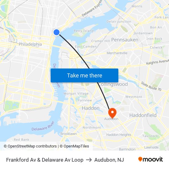 Frankford Av & Delaware Av Loop to Audubon, NJ map