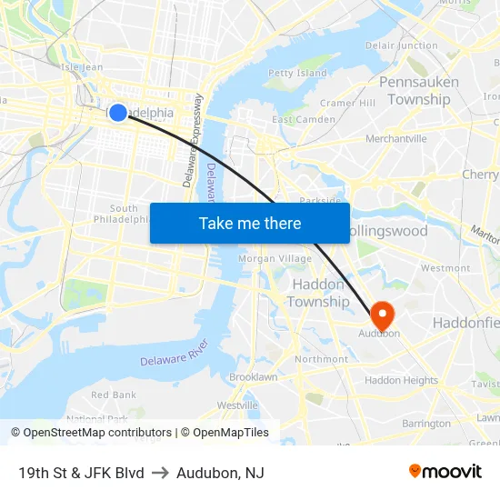 19th St & JFK Blvd to Audubon, NJ map