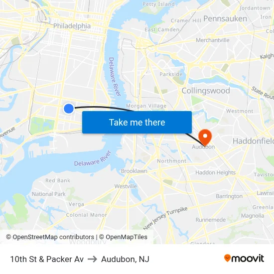 10th St & Packer Av to Audubon, NJ map