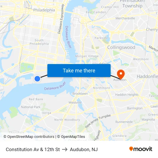Constitution Av & 12th St to Audubon, NJ map