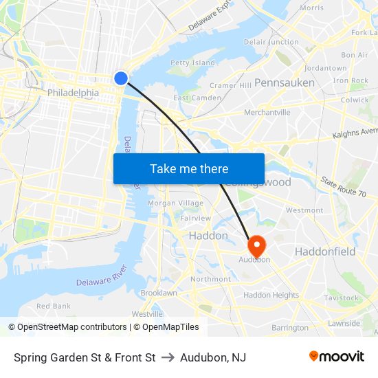 Spring Garden St & Front St to Audubon, NJ map