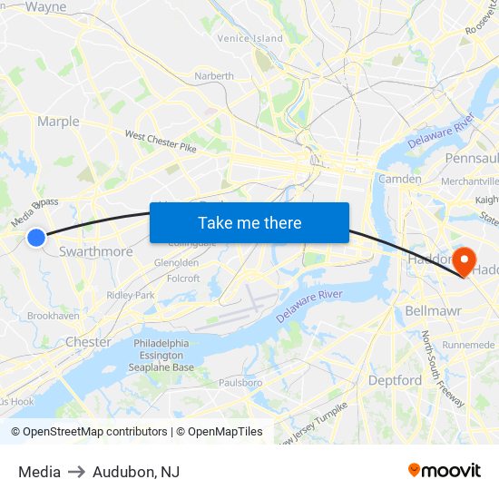 Media to Audubon, NJ map