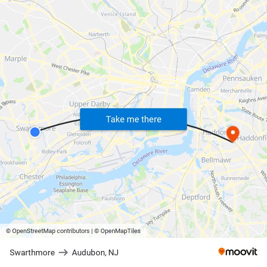 Swarthmore to Audubon, NJ map