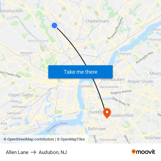 Allen Lane to Audubon, NJ map