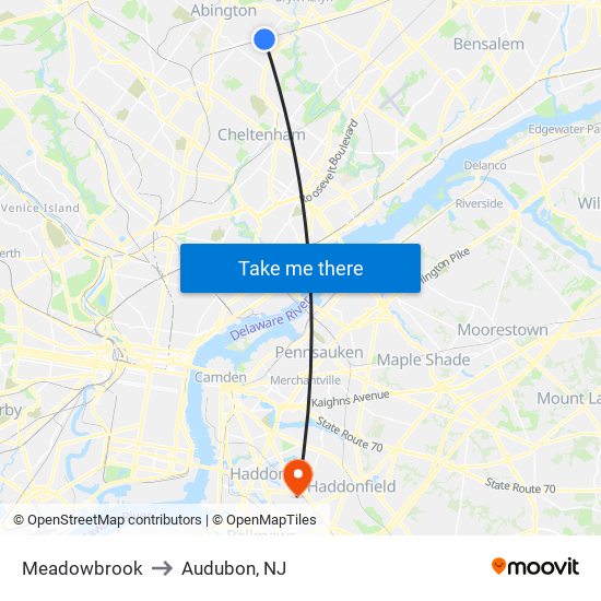 Meadowbrook to Audubon, NJ map