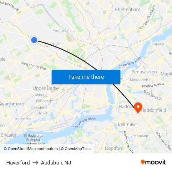 Haverford to Audubon, NJ map