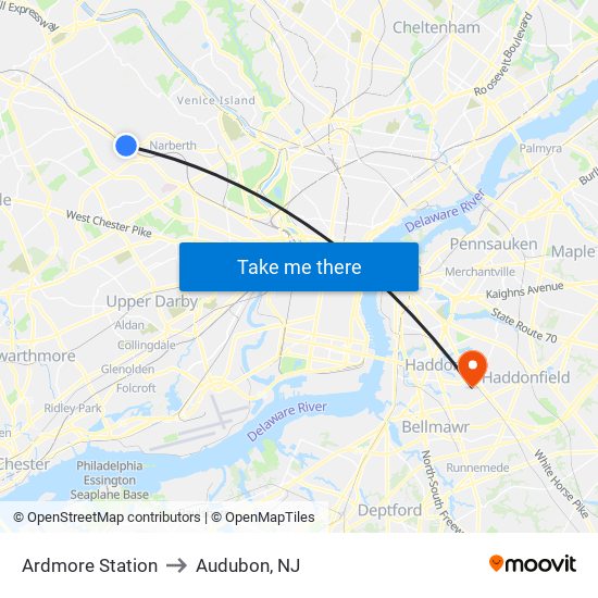 Ardmore Station to Audubon, NJ map