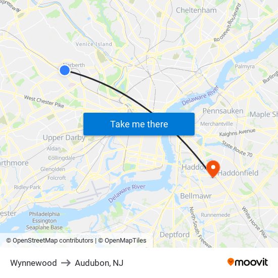 Wynnewood to Audubon, NJ map