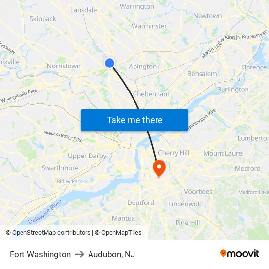 Fort Washington to Audubon, NJ map
