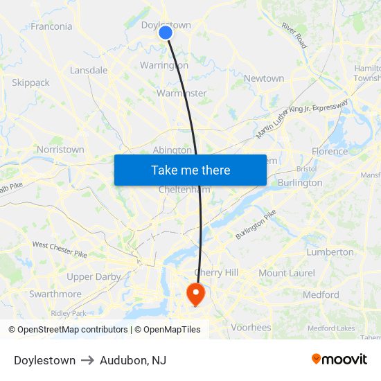 Doylestown to Audubon, NJ map