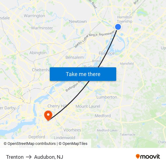 Trenton to Audubon, NJ map