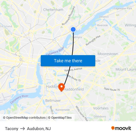 Tacony to Audubon, NJ map