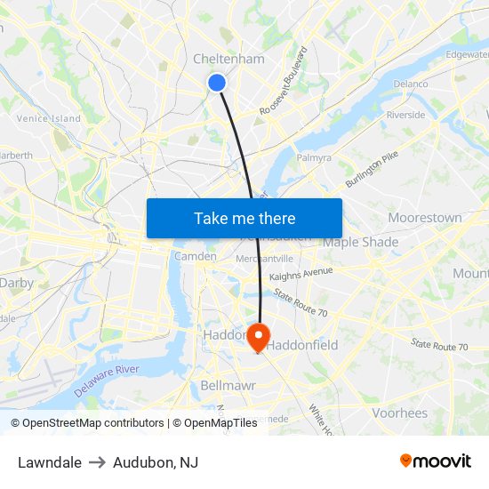 Lawndale to Audubon, NJ map