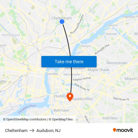 Cheltenham to Audubon, NJ map