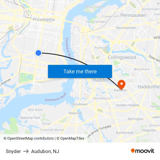 Snyder to Audubon, NJ map