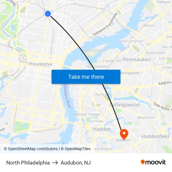 North Philadelphia to Audubon, NJ map