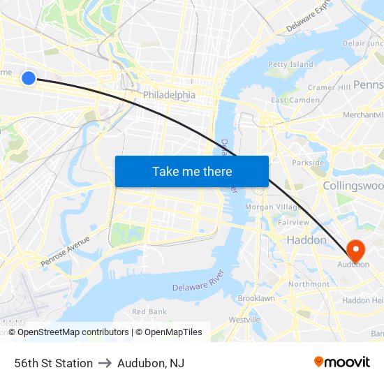 56th St Station to Audubon, NJ map