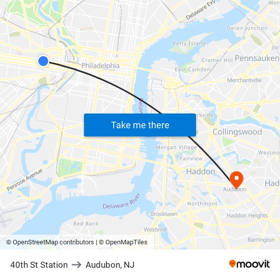 40th St Station to Audubon, NJ map