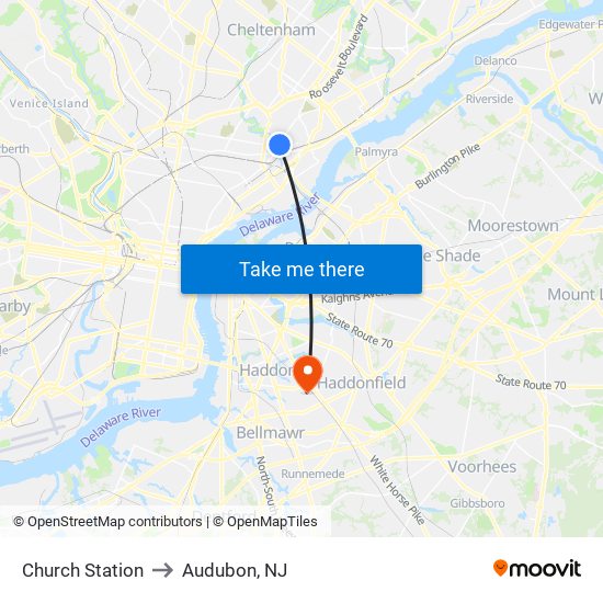 Church Station to Audubon, NJ map