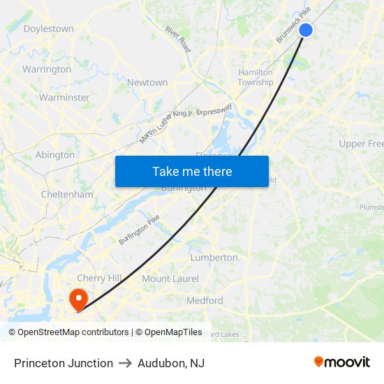 Princeton Junction to Audubon, NJ map