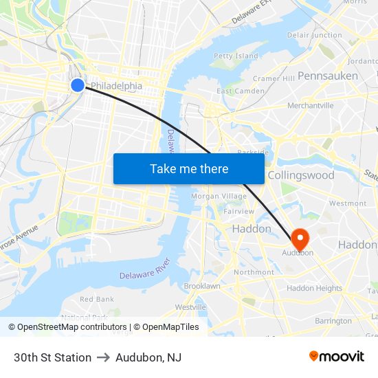 30th St Station to Audubon, NJ map