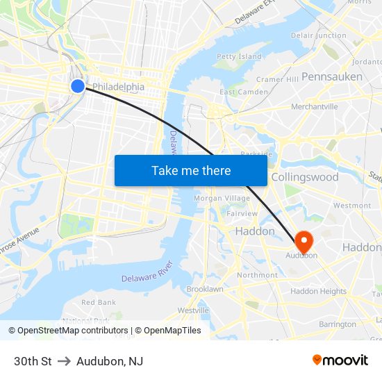 30th St to Audubon, NJ map