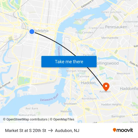 Market St at S 20th St to Audubon, NJ map