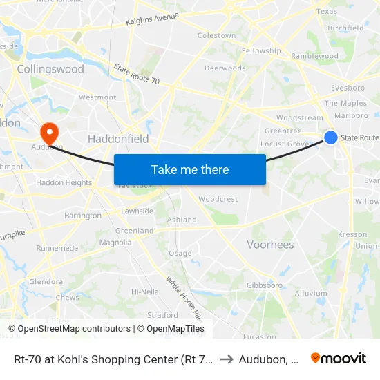 Rt-70 at Kohl's Shopping Center (Rt 73) to Audubon, NJ map