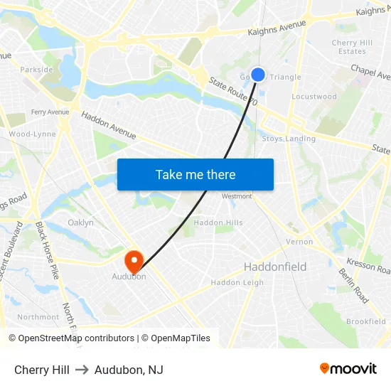 Cherry Hill to Audubon, NJ map