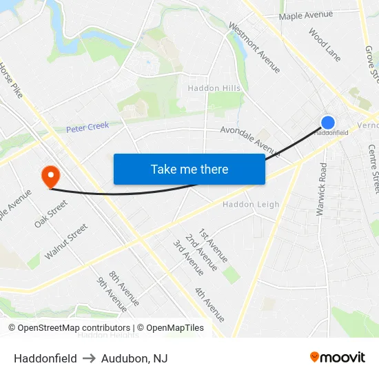 Haddonfield to Audubon, NJ map