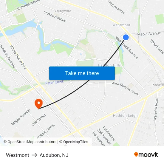 Westmont to Audubon, NJ map