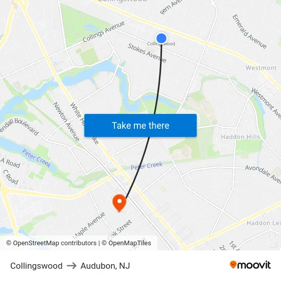 Collingswood to Audubon, NJ map