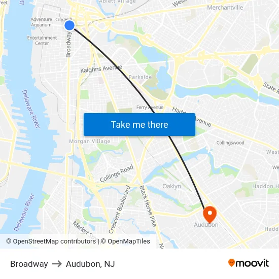 Broadway to Audubon, NJ map