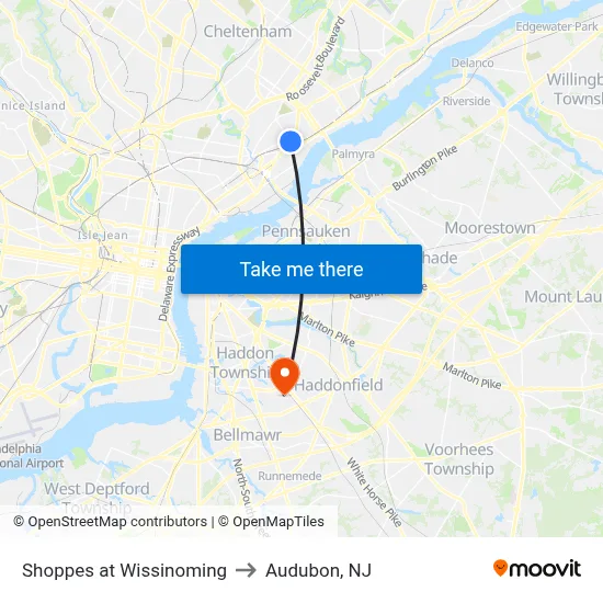 Shoppes at Wissinoming to Audubon, NJ map