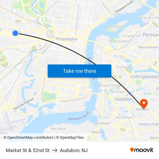 Market St & 52nd St to Audubon, NJ map