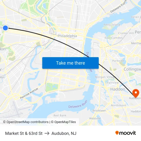Market St & 63rd St to Audubon, NJ map