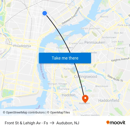 Front St & Lehigh Av - Fs to Audubon, NJ map
