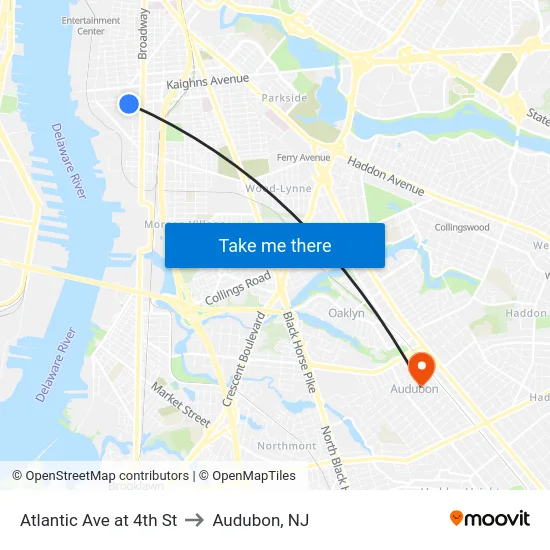 Atlantic Ave at 4th St to Audubon, NJ map