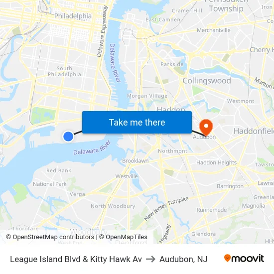 League Island Blvd & Kitty Hawk Av to Audubon, NJ map