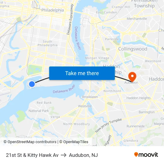 21st St & Kitty Hawk Av to Audubon, NJ map