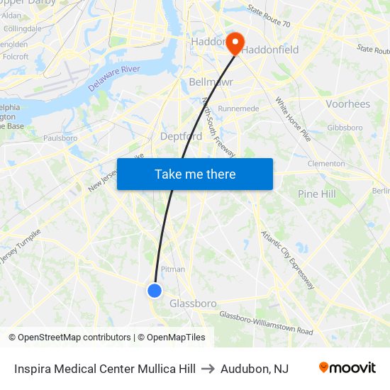 Inspira Medical Center Mullica Hill to Audubon, NJ map