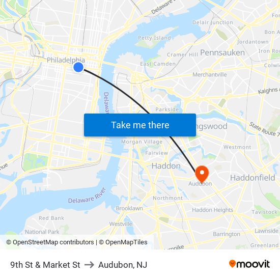 9th St & Market St to Audubon, NJ map