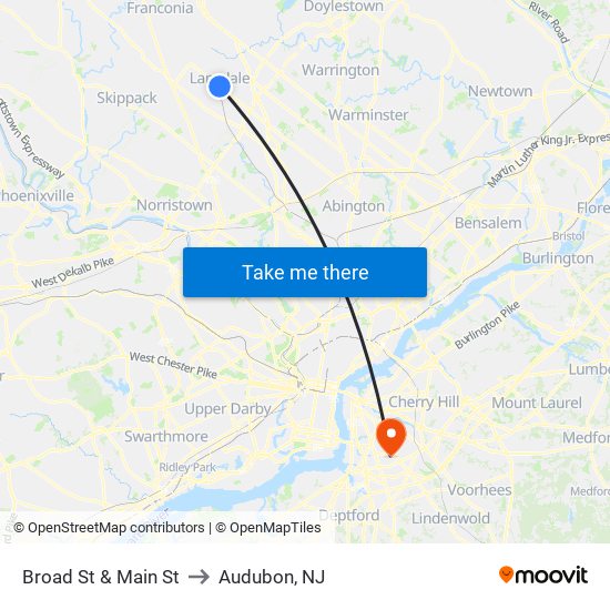 Broad St & Main St to Audubon, NJ map