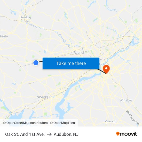 Oak St. And 1st Ave. to Audubon, NJ map